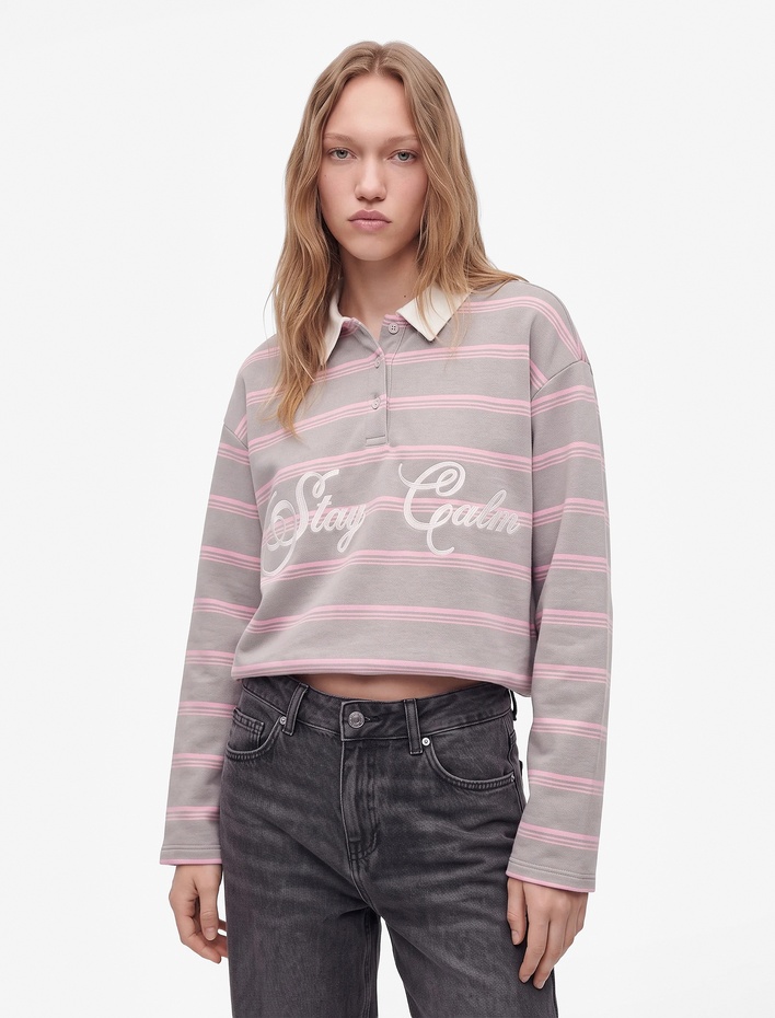 Üç İplik Şardonlu Pamuklu Uzun Kollu Rahat Kalıp Çizgili Polo Yaka Sweatshirt