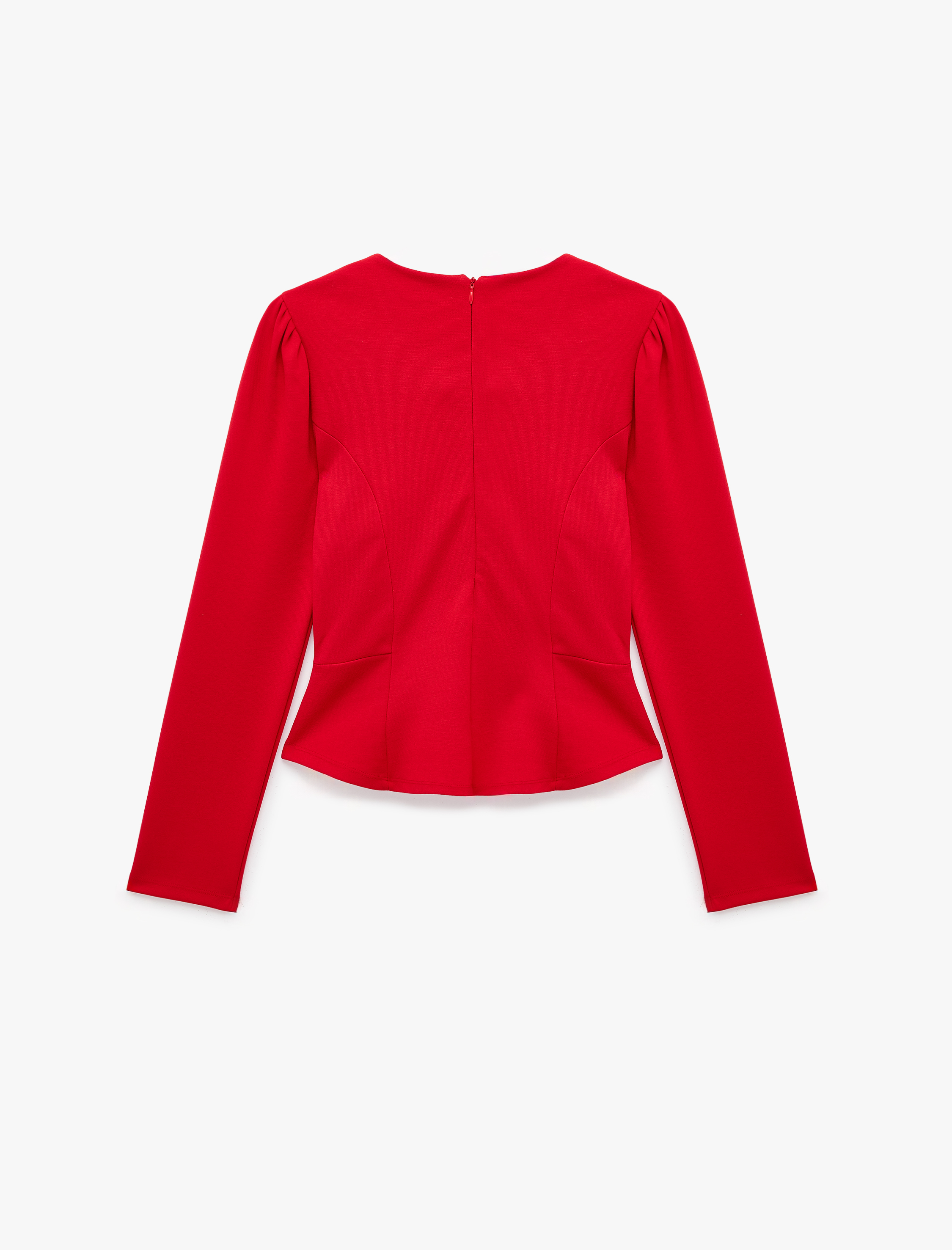 Koton Slim Fit Uzun Kollu Peplum Detaylı Bağcıklı Yuvarlak Yaka Tişört görsel 7