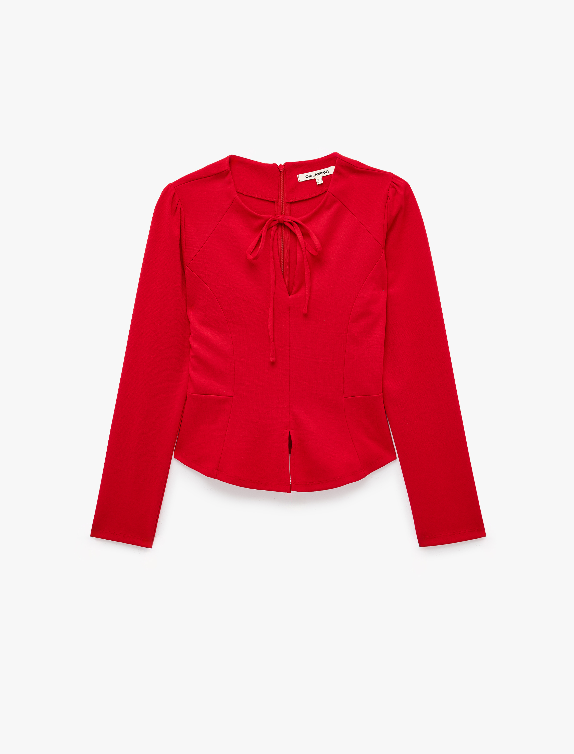 Koton Slim Fit Uzun Kollu Peplum Detaylı Bağcıklı Yuvarlak Yaka Tişört görsel 6