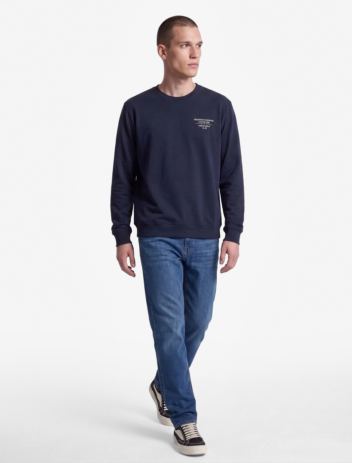  Uzun Kollu Rahat Kalıp Üç İplik Şardonlu Pamuklu Bisiklet Yaka Arkası Baskılı Sweatshirt