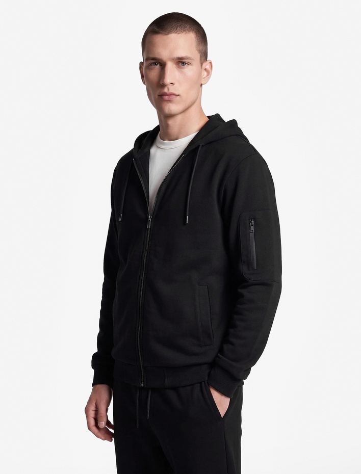  Uzun Kollu Üç İplik Şardonlu Cepli Rahat Kalıp Kapşonlu Fermuarlı Spor Sweatshirt