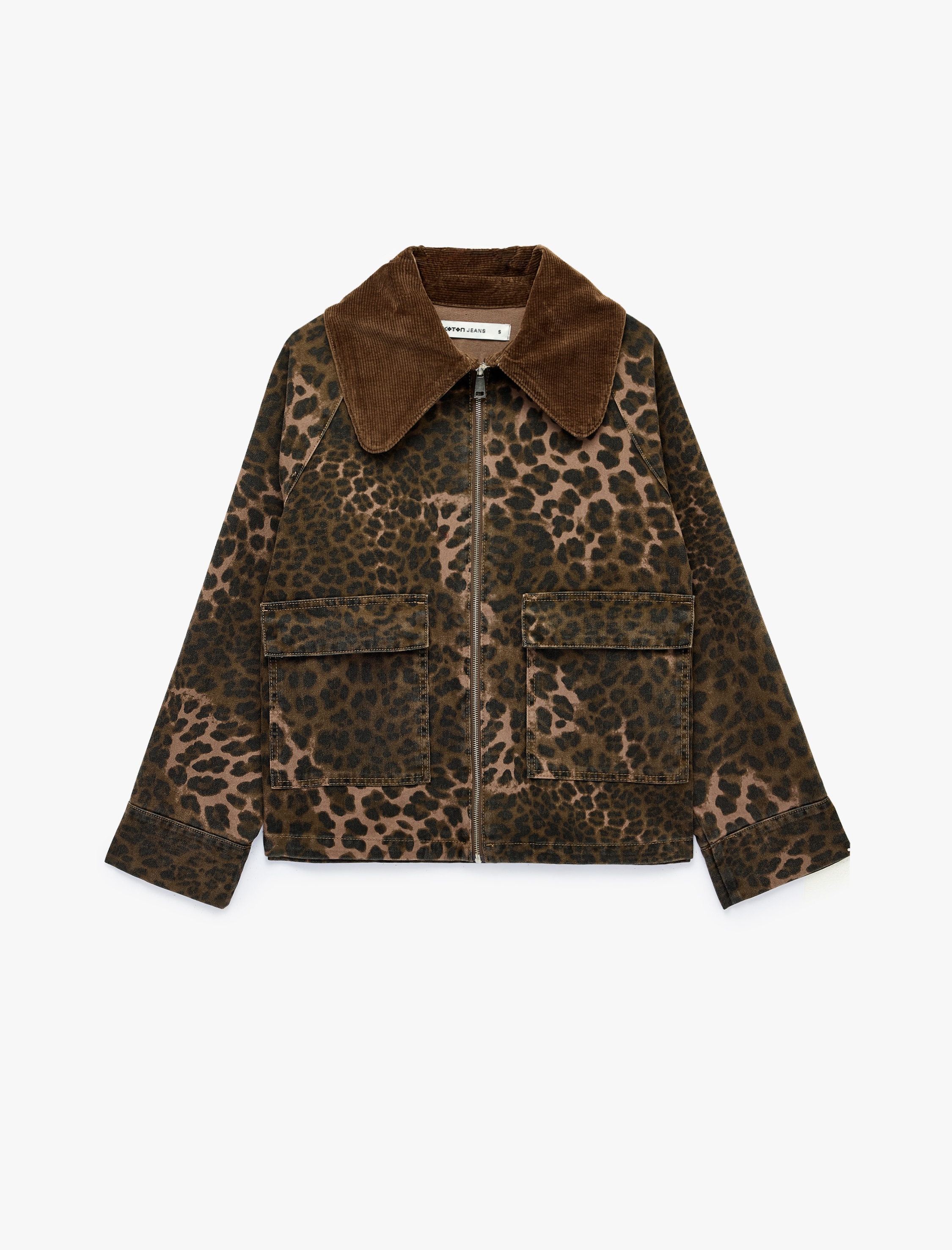 Koton Rahat Kalıp Cepli Fermuarlı Uzun Kollu Yaka Detaylı Denim Leopar Ceket görsel 6