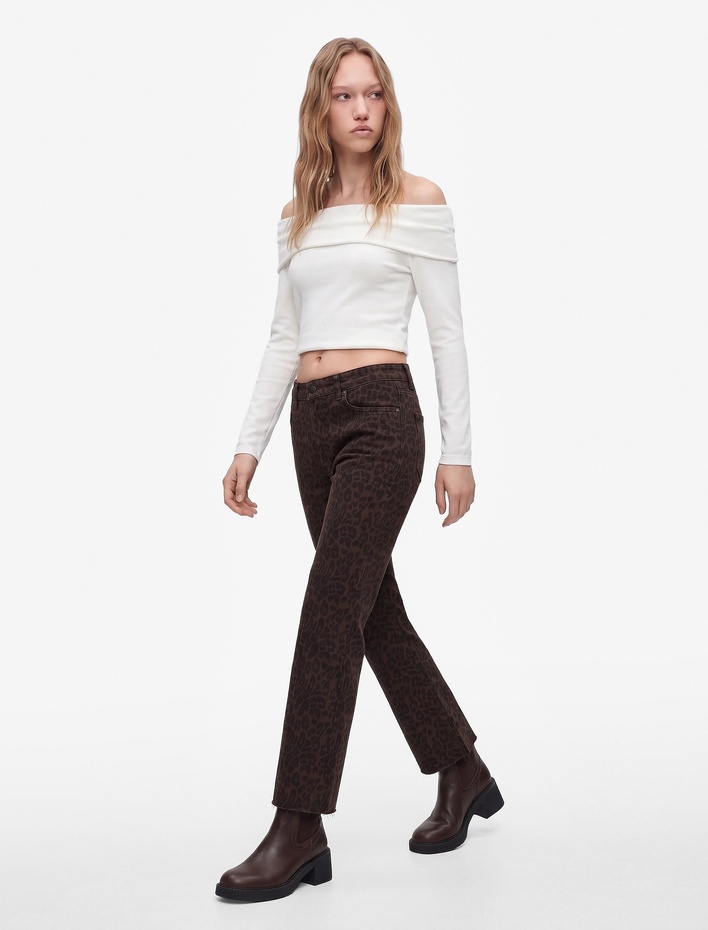  Normal Bel Pamuklu Dar Kesim Kısa İspanyol Paça Leopar Pantolon - Flare Jeans