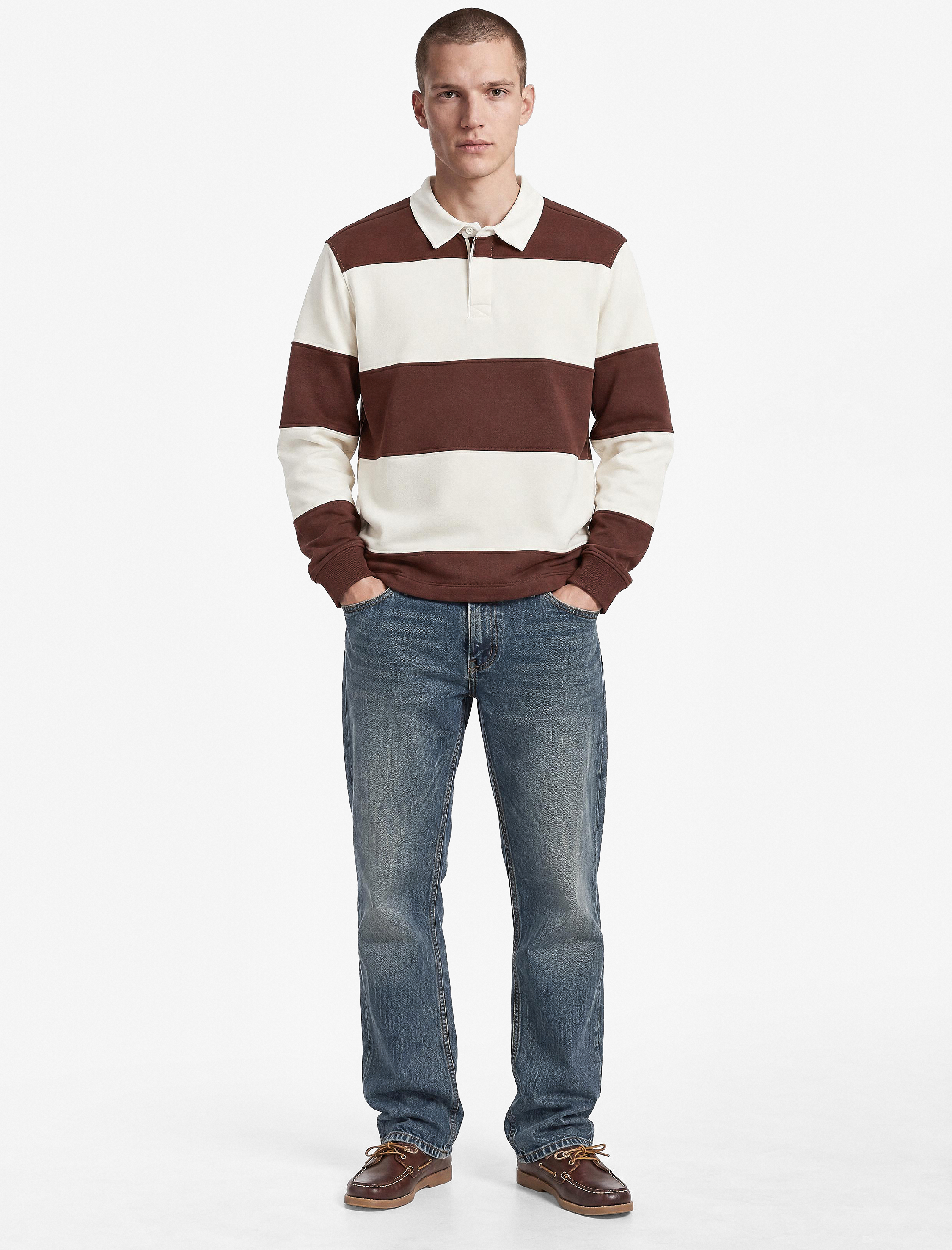 Koton Uzun Kollu Üç İplik Şardonlu Düğme Detaylı Çizgili Polo Yaka Sweatshirt