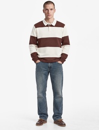 Uzun Kollu Üç İplik Şardonlu Düğme Detaylı Çizgili Polo Yaka Sweatshirt