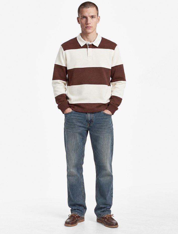  Uzun Kollu Üç İplik Şardonlu Düğmeli Çizgili Polo Yaka Sweatshirt