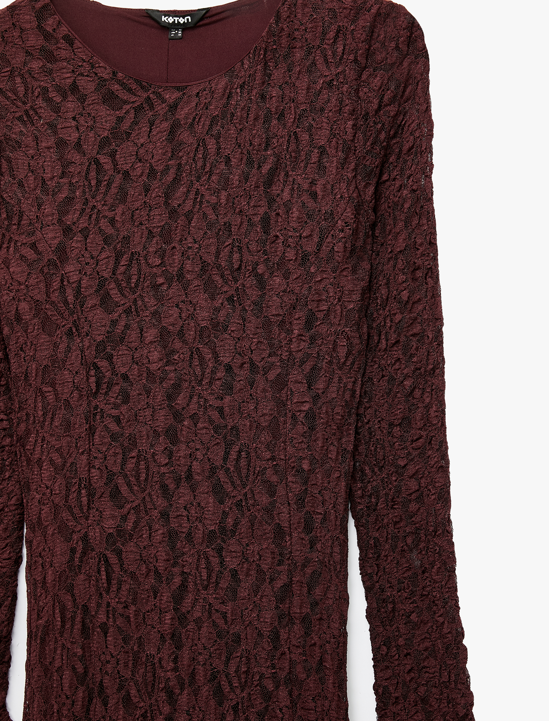Koton Slim Fit Yuvarlak Yaka Uzun Kollu Dantelli Uzun Elbise görsel 4