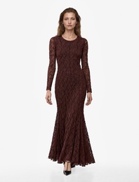 Slim Fit Yuvarlak Yaka Uzun Kollu Dantelli Uzun Elbise