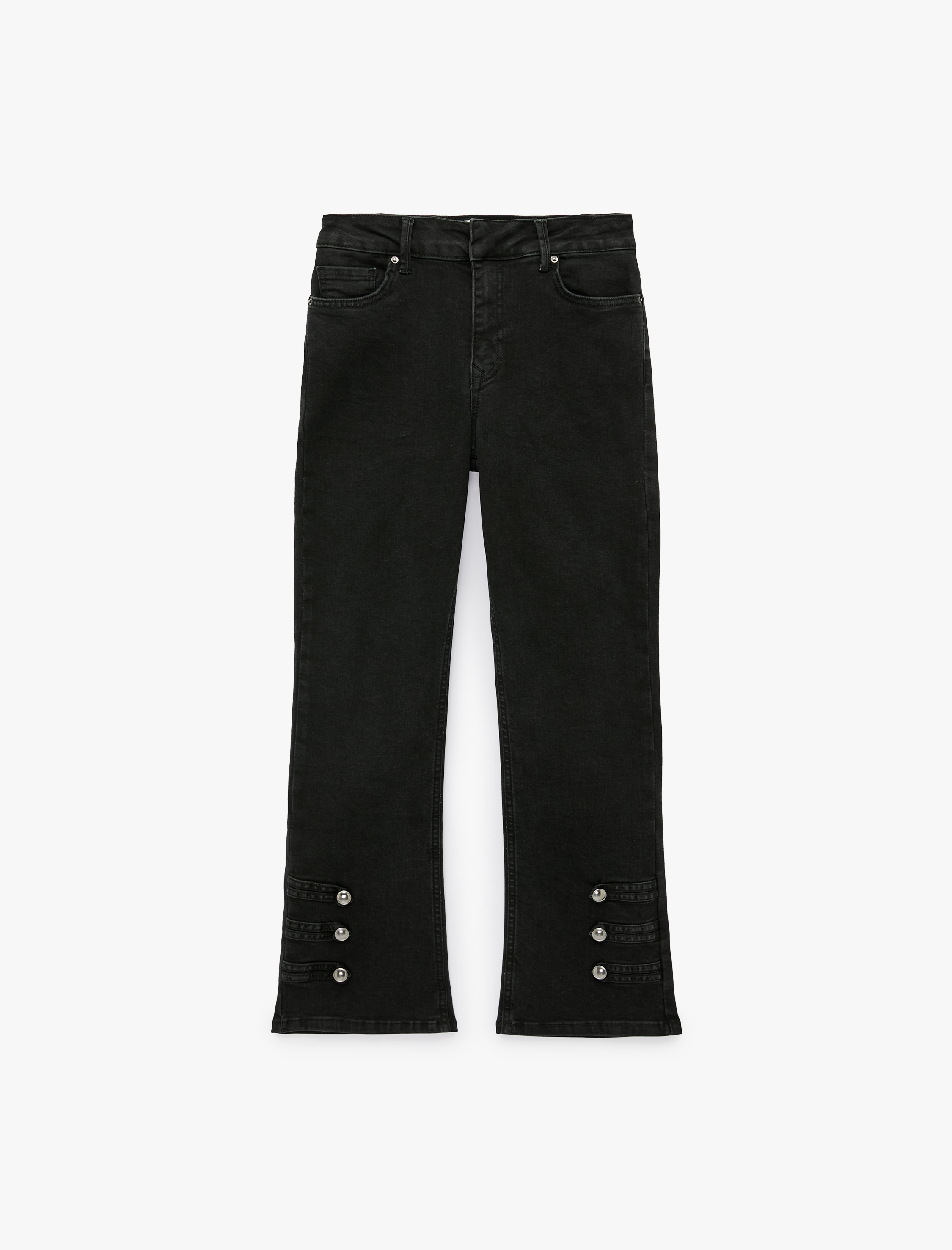 Koton Yüksek Bel Dar Kesim Pamuklu Cepli Düğme Detaylı Kısa İspanyol Paça Denim Pantolon - Kick Flare Jeans