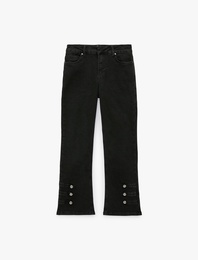 Yüksek Bel Dar Kesim Pamuklu Cepli Düğme Detaylı Kısa İspanyol Paça Denim Pantolon - Kick Flare Jeans