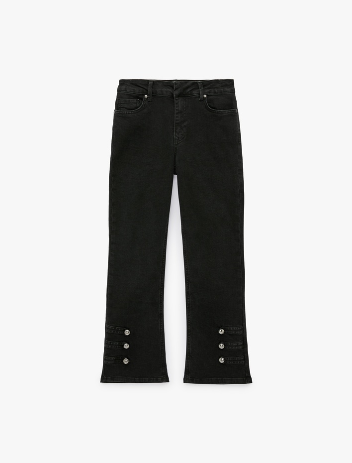  Yüksek Bel Dar Kesim Pamuklu Cepli Düğme Detaylı Kısa İspanyol Paça Denim Pantolon - Kick Flare Jeans