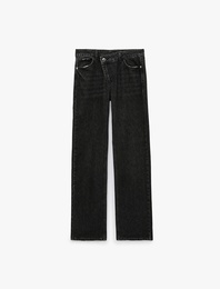 Pamuklu Düğme Detaylı Normal Bel Düz Paça Denim Pantolon - Straight Fit Jean