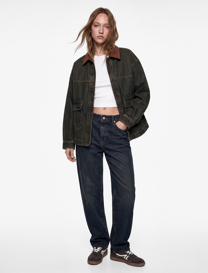  Pamuklu Düz Paça Cepli Düğmeli Normal Bel Barrel Denim Pantolon - Barrel Jeans