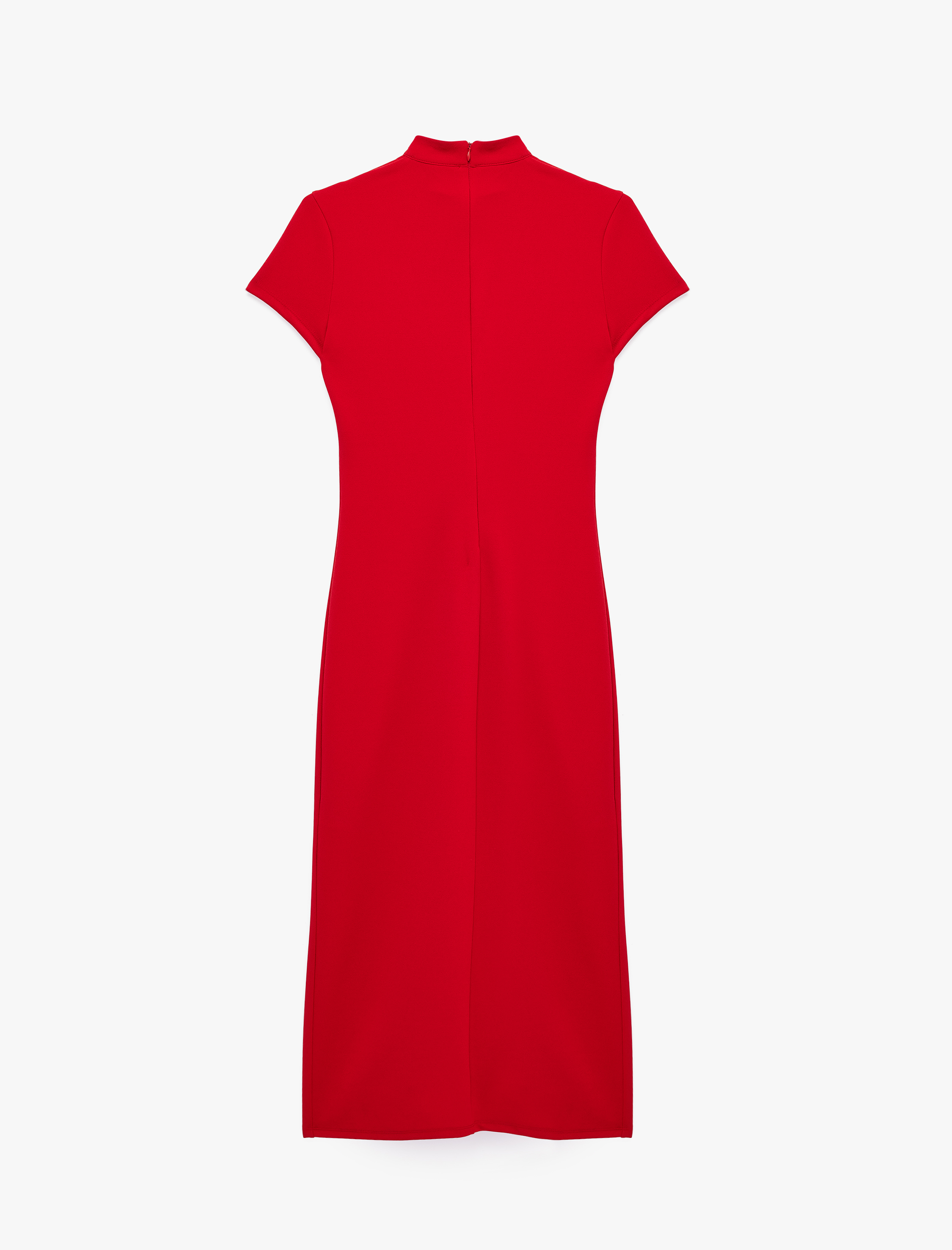   Krep Kumaş Mandarin Qipao Yaka Kısa Kollu Düğmeli Bodycon Midi Elbise