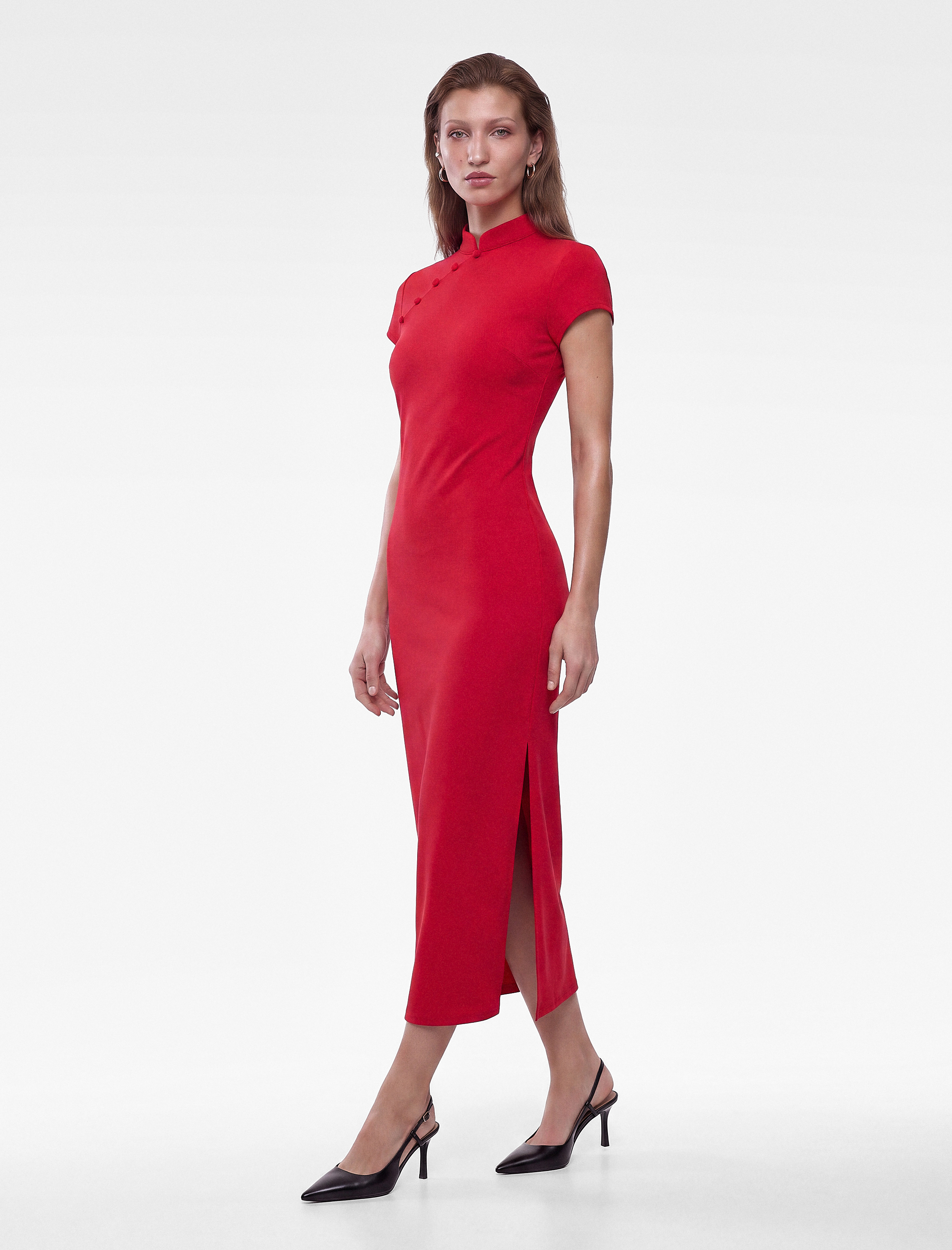   Krep Kumaş Mandarin Qipao Yaka Kısa Kollu Düğmeli Bodycon Midi Elbise