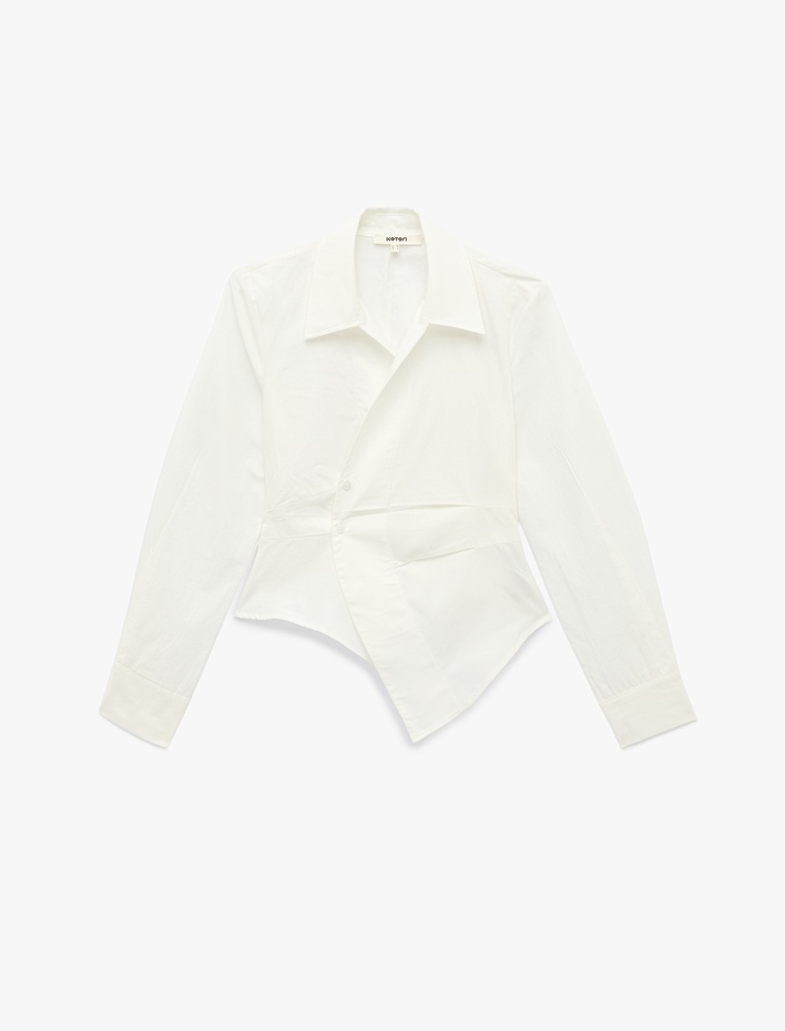  Drapeli Slim Fit Pamuklu Asimetrik Kruvaze Uzun Kollu Poplin Gömlek