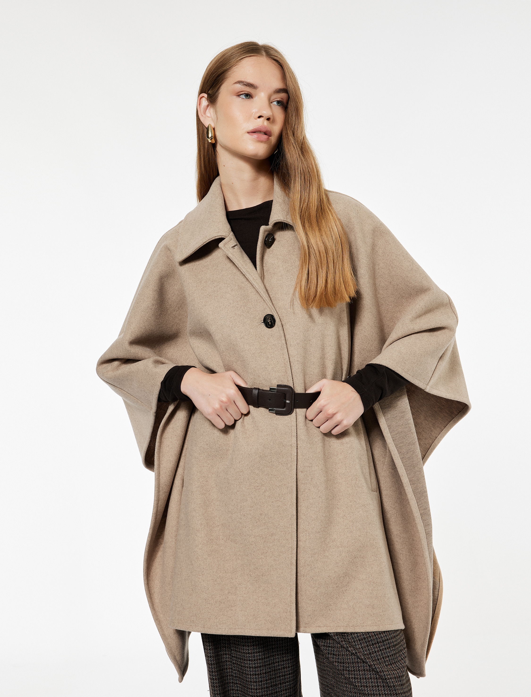   Pelerin Kaban Kemerli Oversize Kaşe