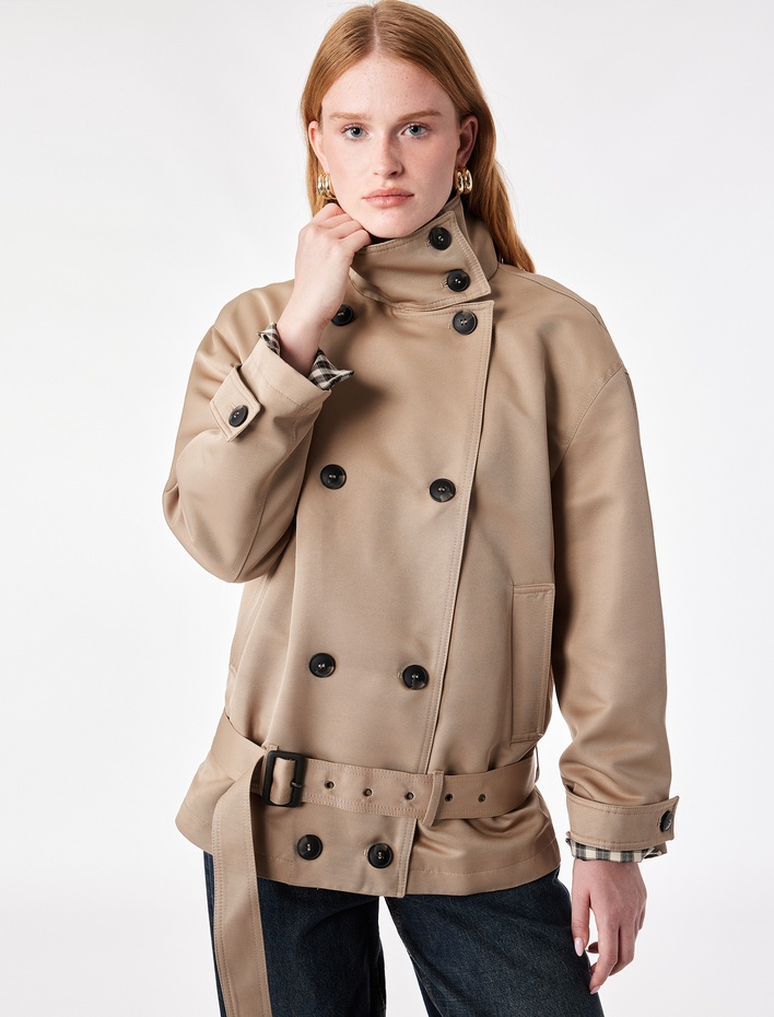  Uzun Kollu Cepli Kemerli Düğmeli Kruvaze Dik Yaka Gabardin Kısa Oversize Trençkot