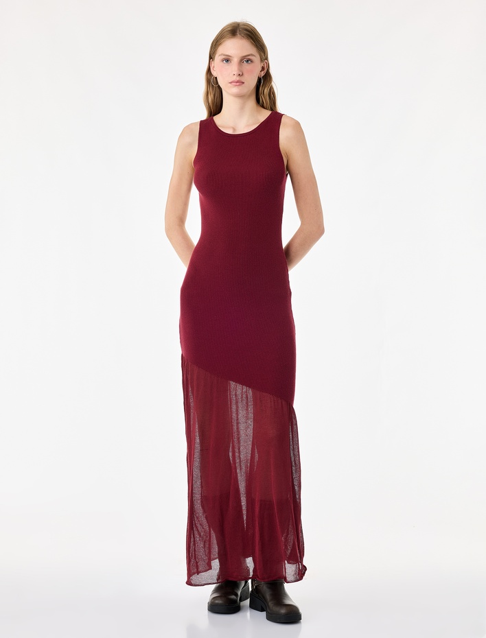  Slim Fit Tül Detaylı Viskon Kolsuz Bisiklet Yaka Uzun Triko Elbise