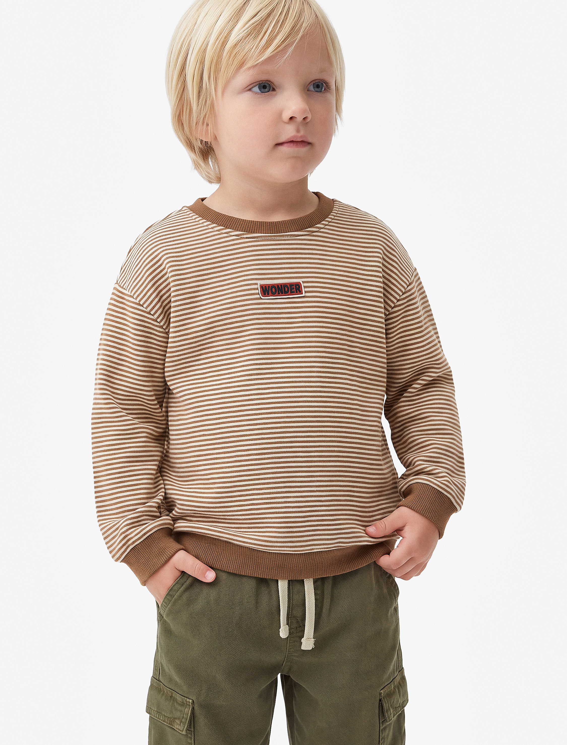  Erkek Bebek Etiket Detaylı Şardonlu Bisiklet Yaka Uzun Kollu Oversize Çizgili Sweatshirt