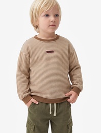 Etiket Detaylı Şardonlu Bisiklet Yaka Uzun Kollu Oversize Çizgili Sweatshirt