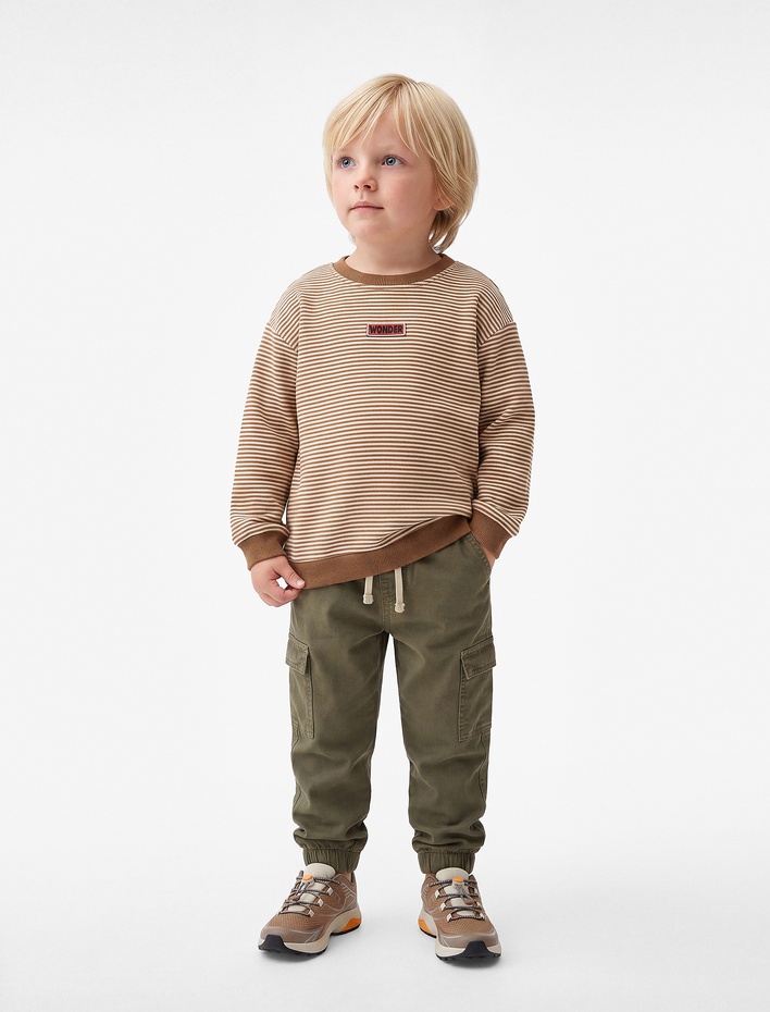Erkek Bebek Etiket Detaylı Şardonlu Bisiklet Yaka Uzun Kollu Oversize Çizgili Sweatshirt