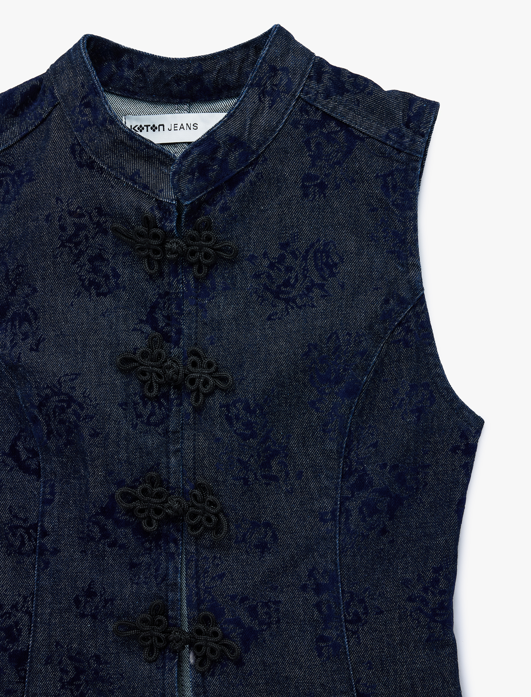 Koton Kolsuz Baskılı Mandarin Qipao Yaka Süslü Düğmeli Denim Yelek görsel 4