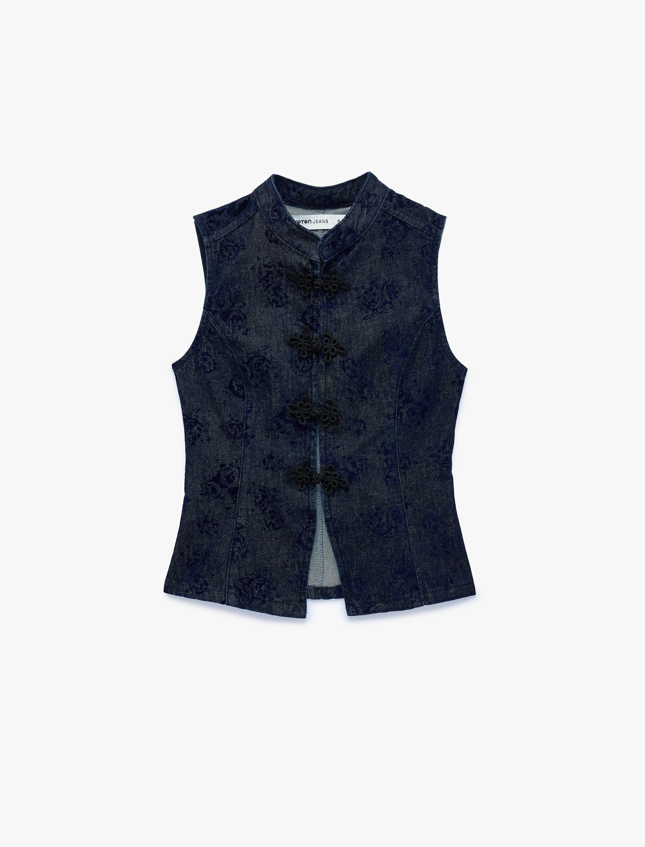 Koton Kolsuz Baskılı Mandarin Qipao Yaka Süslü Düğmeli Denim Yelek görsel 2