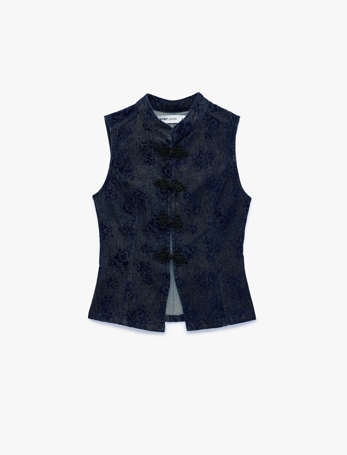  Kolsuz Baskılı Mandarin Qipao Yaka Süslü Düğmeli Denim Yelek