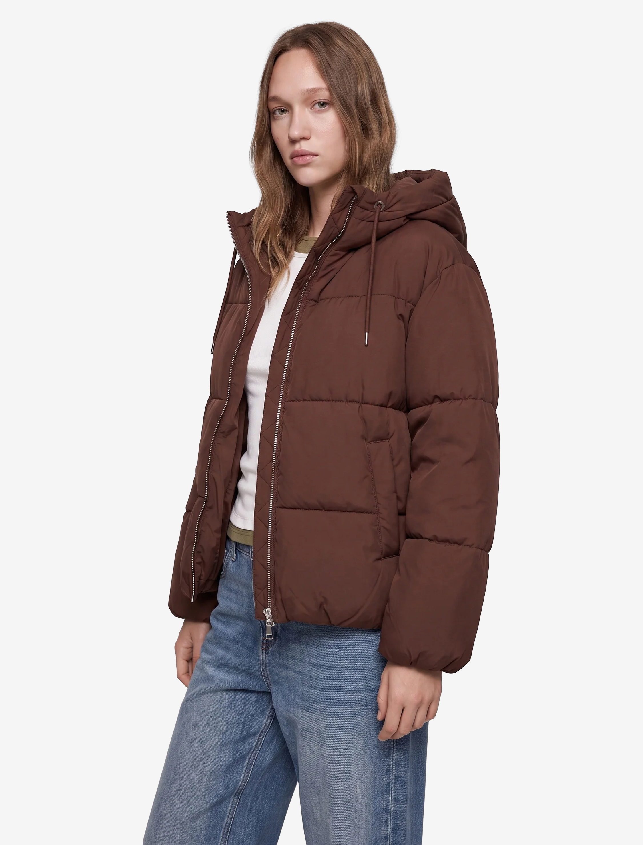   Cepli Kapüşonlu Uzun Kollu Fermuarlı Anorak Şişme Mont