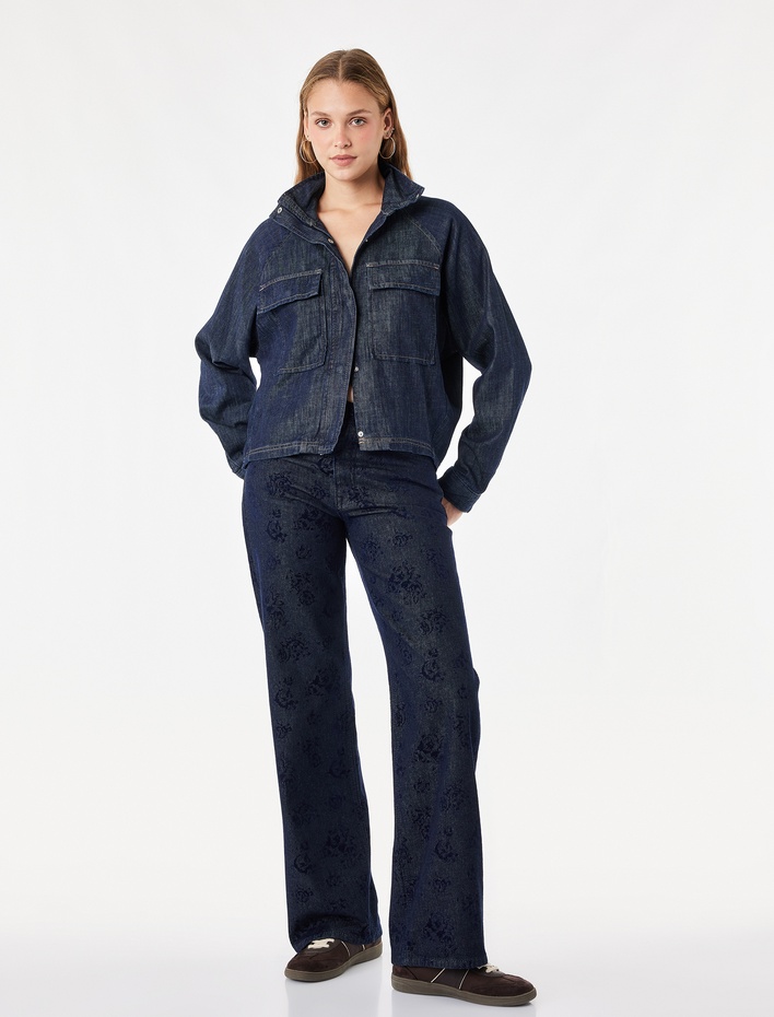  Düz Paça Cepli Normal Bel Pamuklu Çiçek Baskılı Denim Pantolon - Straight Fit Jean