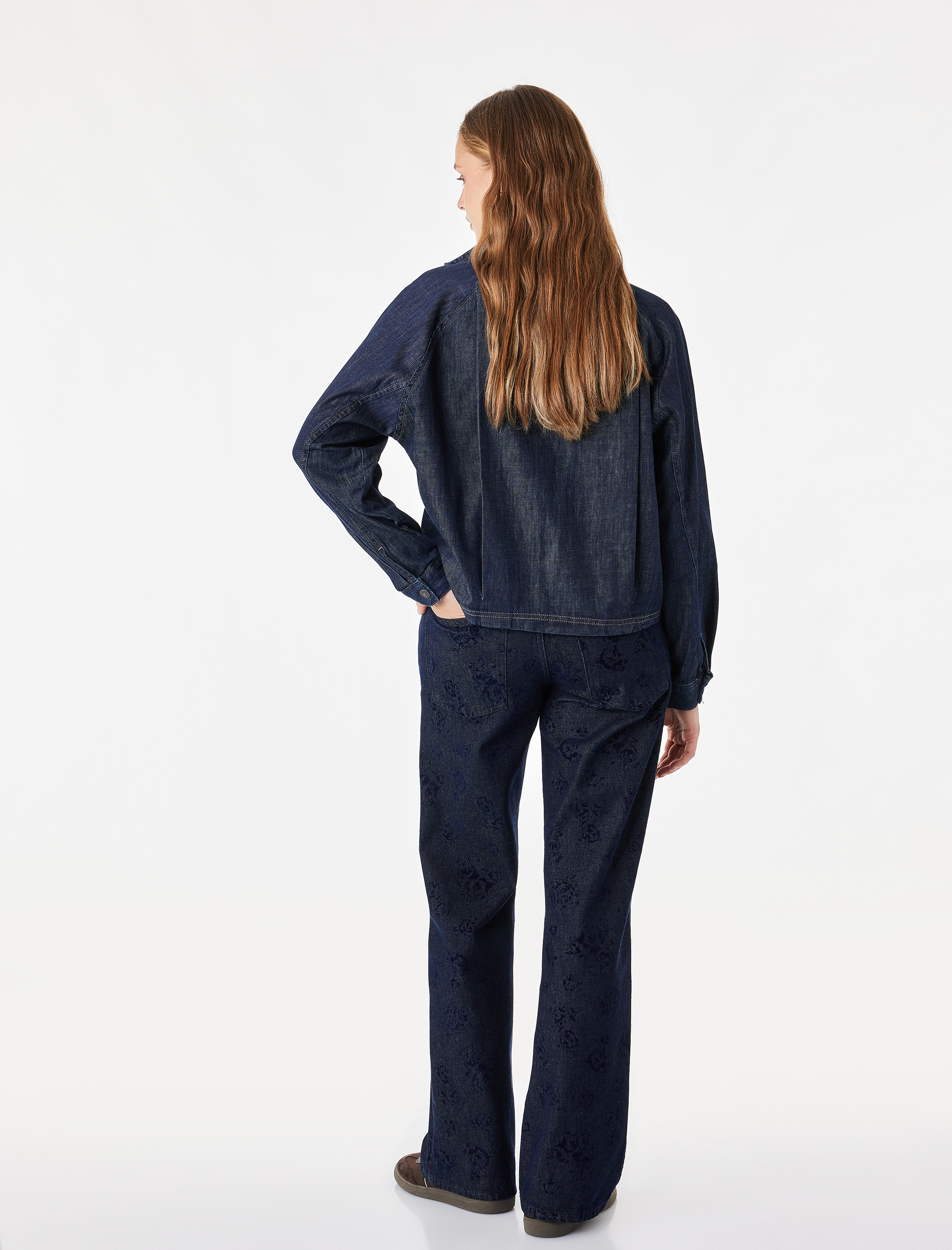 Koton Düz Paça Cepli Normal Bel Pamuklu Çiçek Baskılı Denim Pantolon - Straight Fit Jean görsel 5