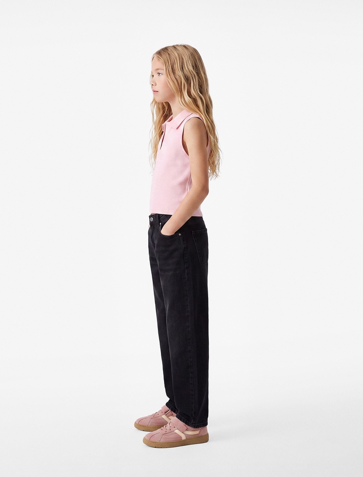 Kız Çocuk Slim Fit Viskon Karışımlı Gömlek Yaka Kolsuz Triko Atlet