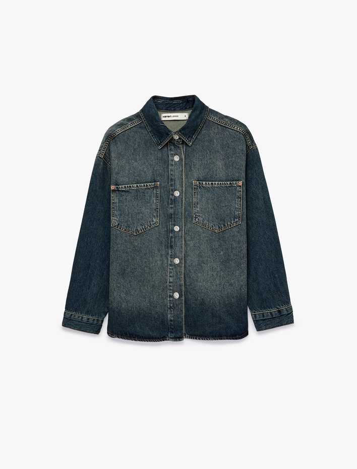  Cepli Regular Fit Pamuklu Düğmeli Uzun Kollu Klasik Yaka Denim Gömlek
