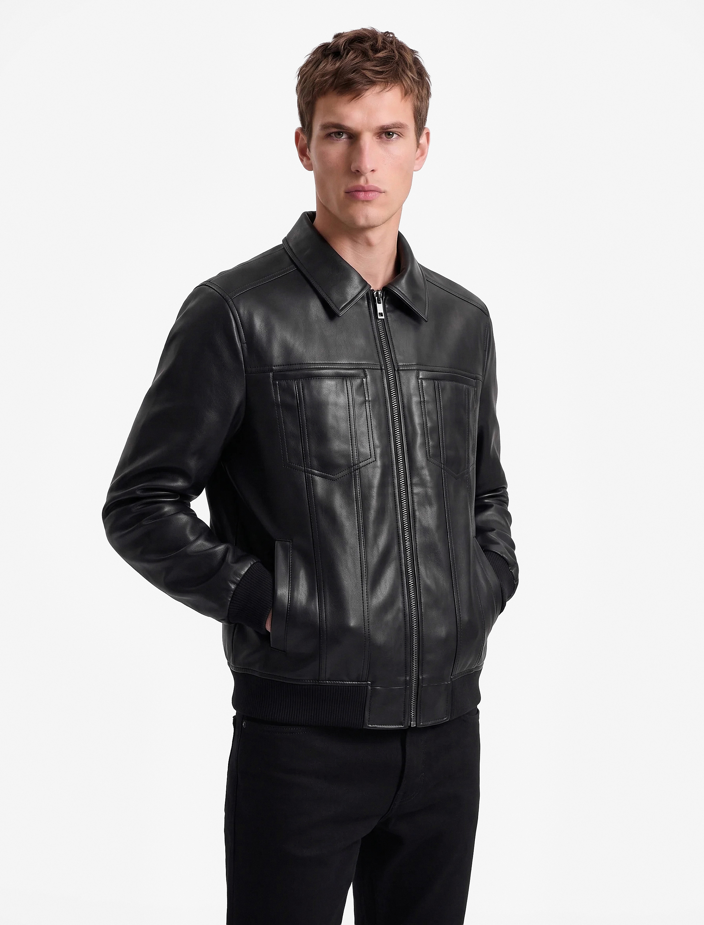   Slim Fit Gömlek Yaka Fermuarlı Cepli Suni Deri Ceket