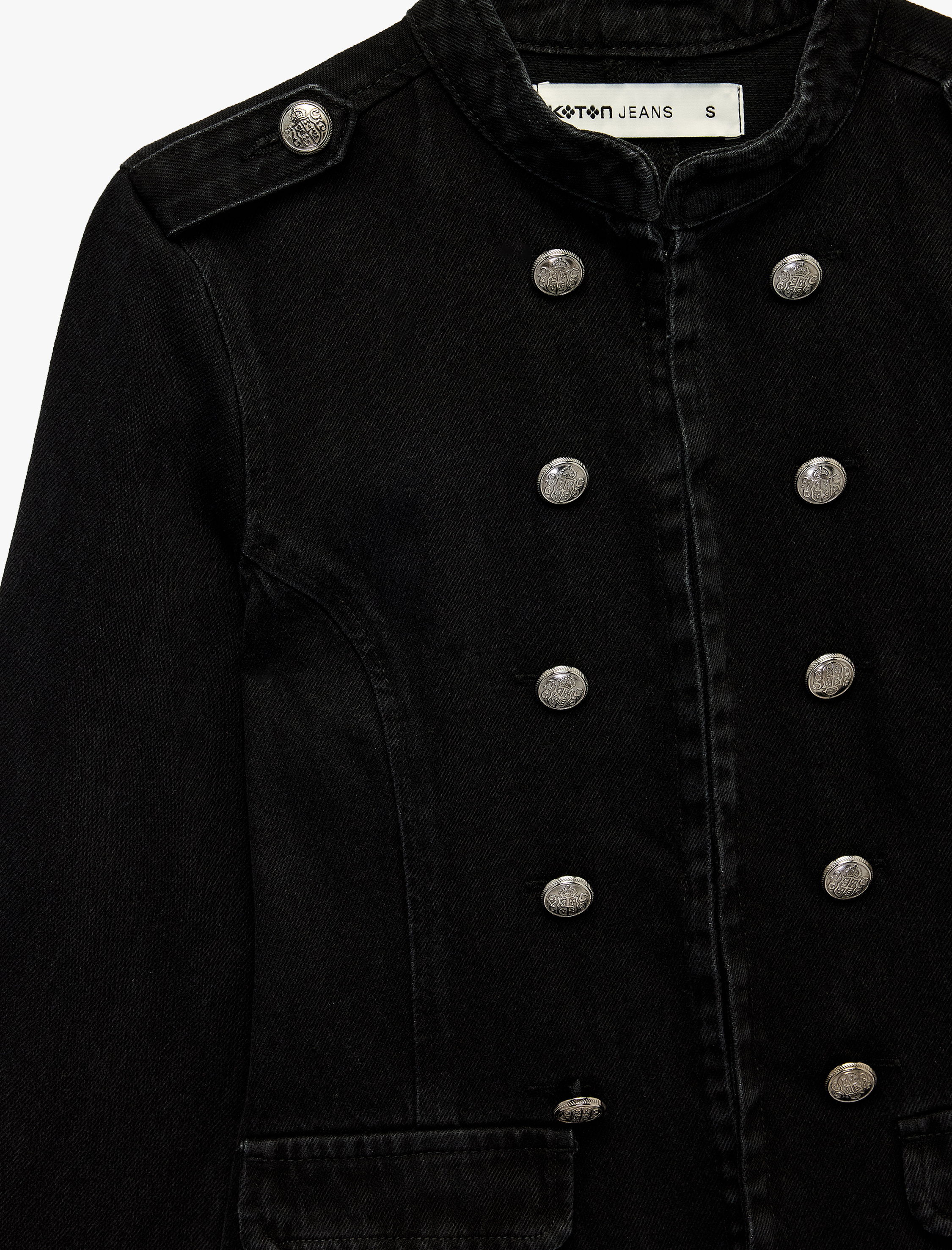   Rahat Kalıp Pamuklu Dik Yaka Uzun Kollu Düğmeli Denim Military Ceket