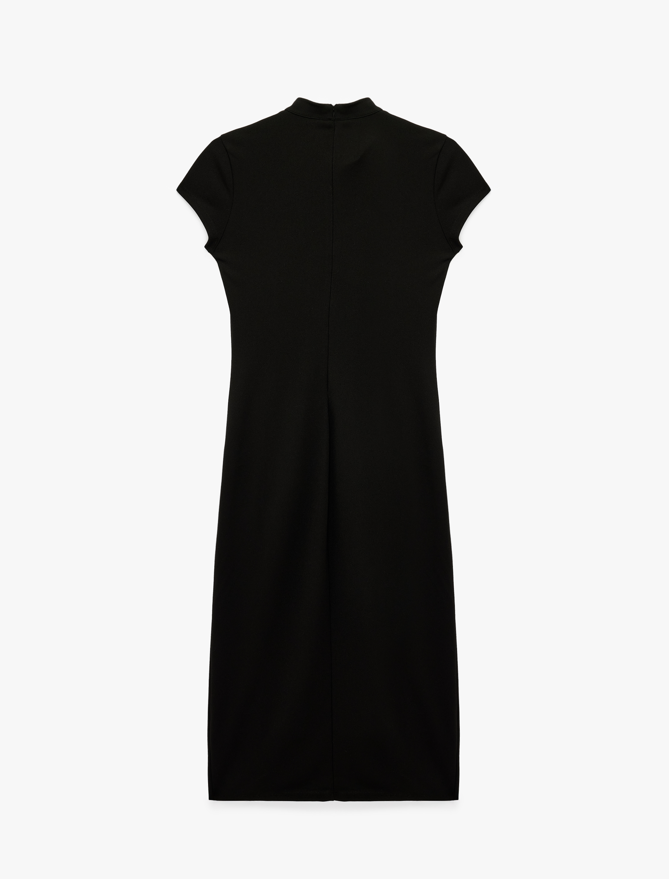   Krep Kumaş Mandarin Qipao Yaka Kısa Kollu Düğmeli Bodycon Midi Elbise