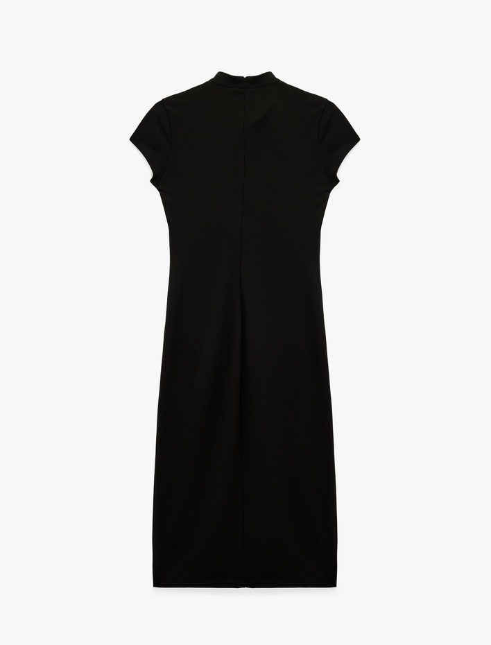  Krep Kumaş Mandarin Qipao Yaka Kısa Kollu Düğmeli Bodycon Midi Elbise
