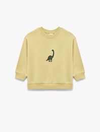 Dinozor Baskılı Şardonlu Bisiklet Yaka Uzun Kollu Pamuklu Sweatshirt