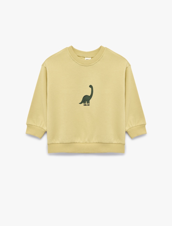 Erkek Bebek Dinozor Baskılı Şardonlu Bisiklet Yaka Uzun Kollu Pamuklu Sweatshirt