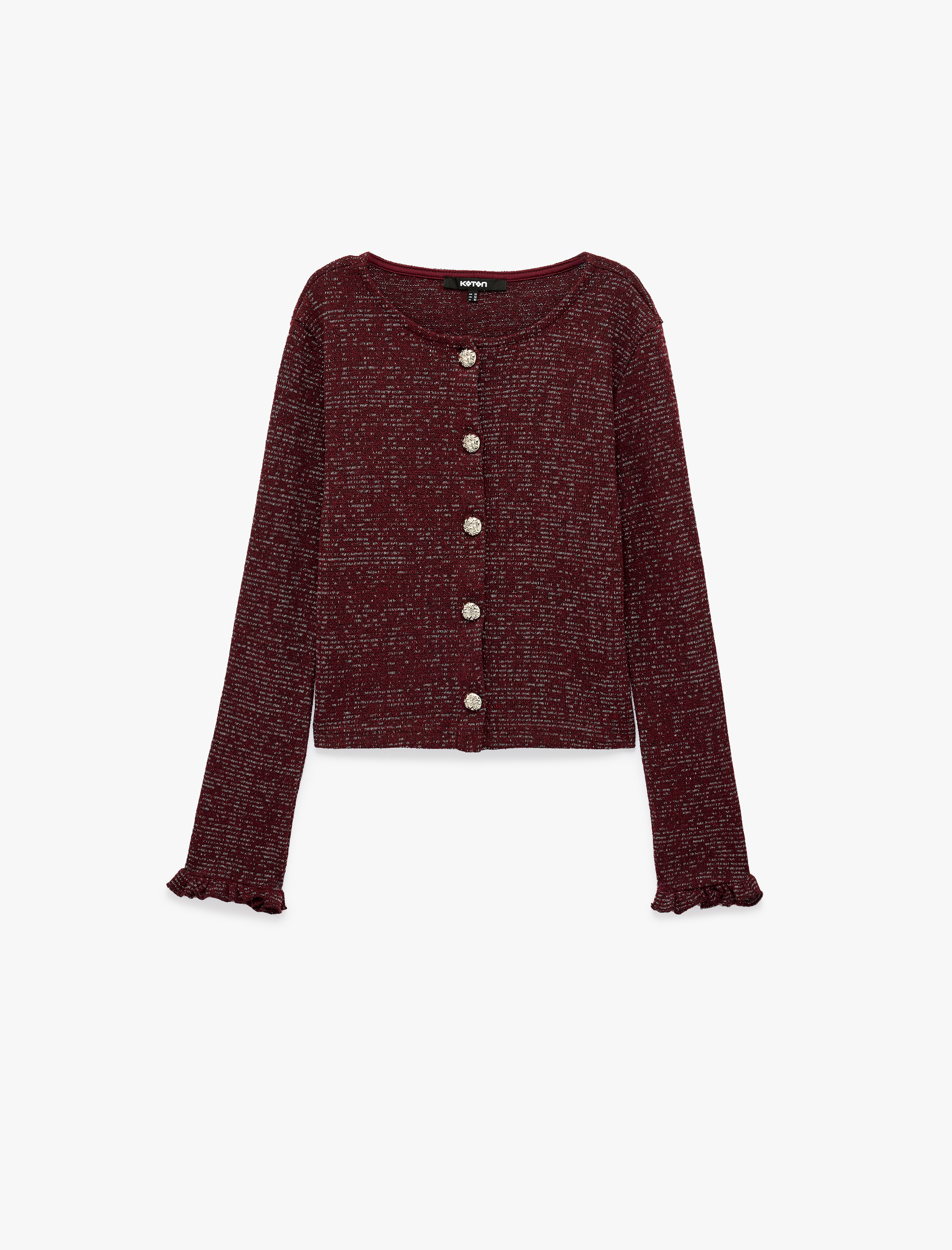 Koton Slim Fit Bisiklet Yaka Fırfırlı Uzun Kollu Mücevher Düğmeli Parıltılı Hırka