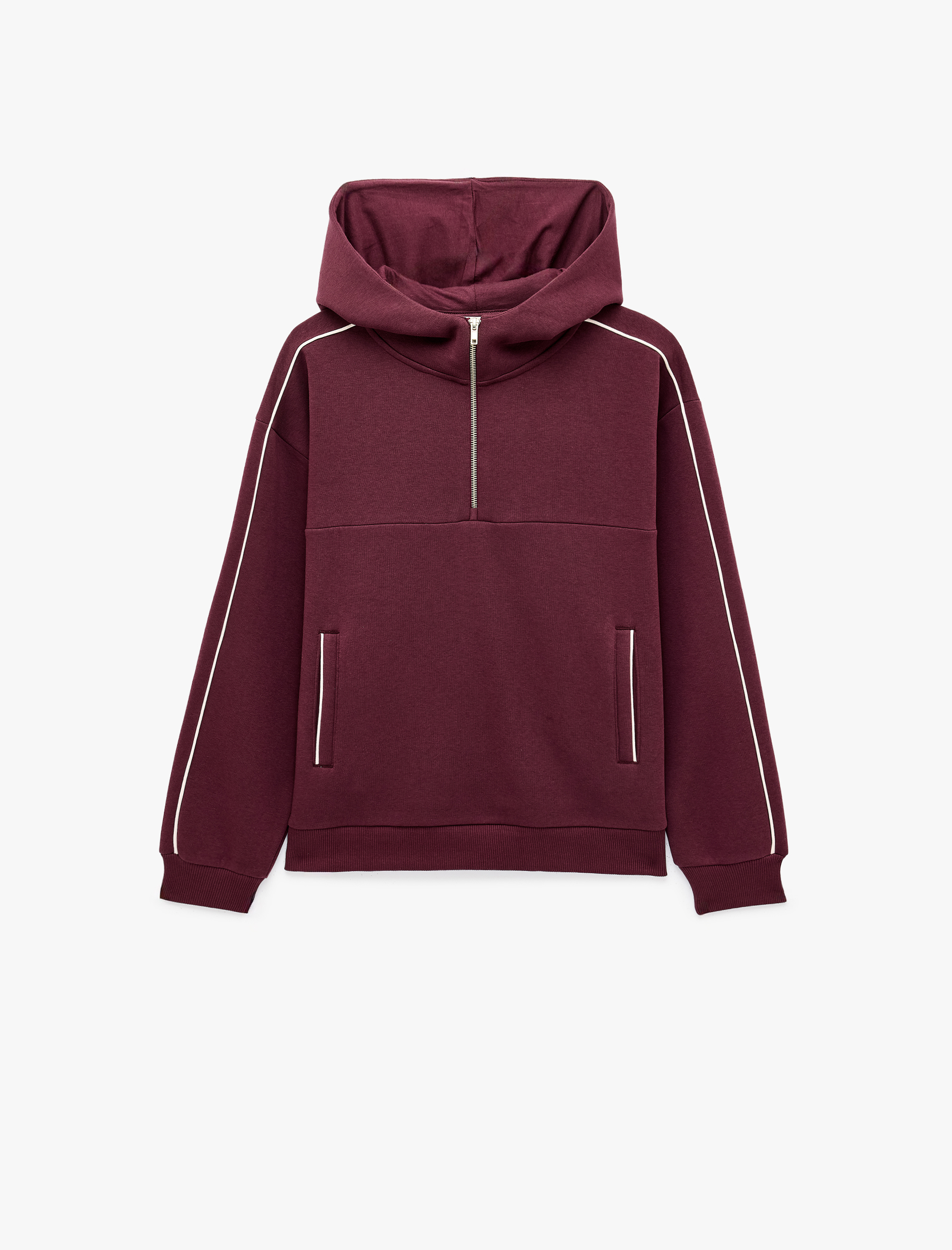   Üç İplik Şardonlu Rahat Kalıp Biyeli Cepli Kapüşonlu Yarım Fermuarlı Sweatshirt