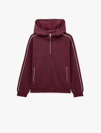 Üç İplik Şardonlu Rahat Kalıp Biyeli Cepli Kapüşonlu Yarım Fermuarlı Sweatshirt