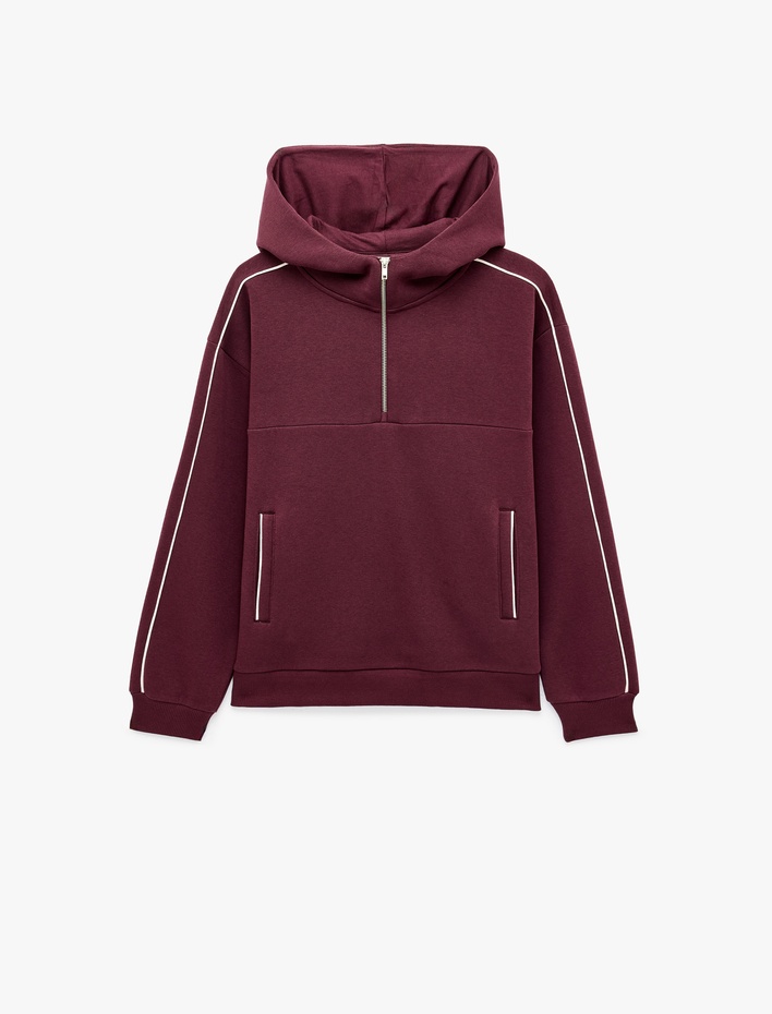  Üç İplik Şardonlu Rahat Kalıp Biyeli Cepli Kapüşonlu Yarım Fermuarlı Sweatshirt