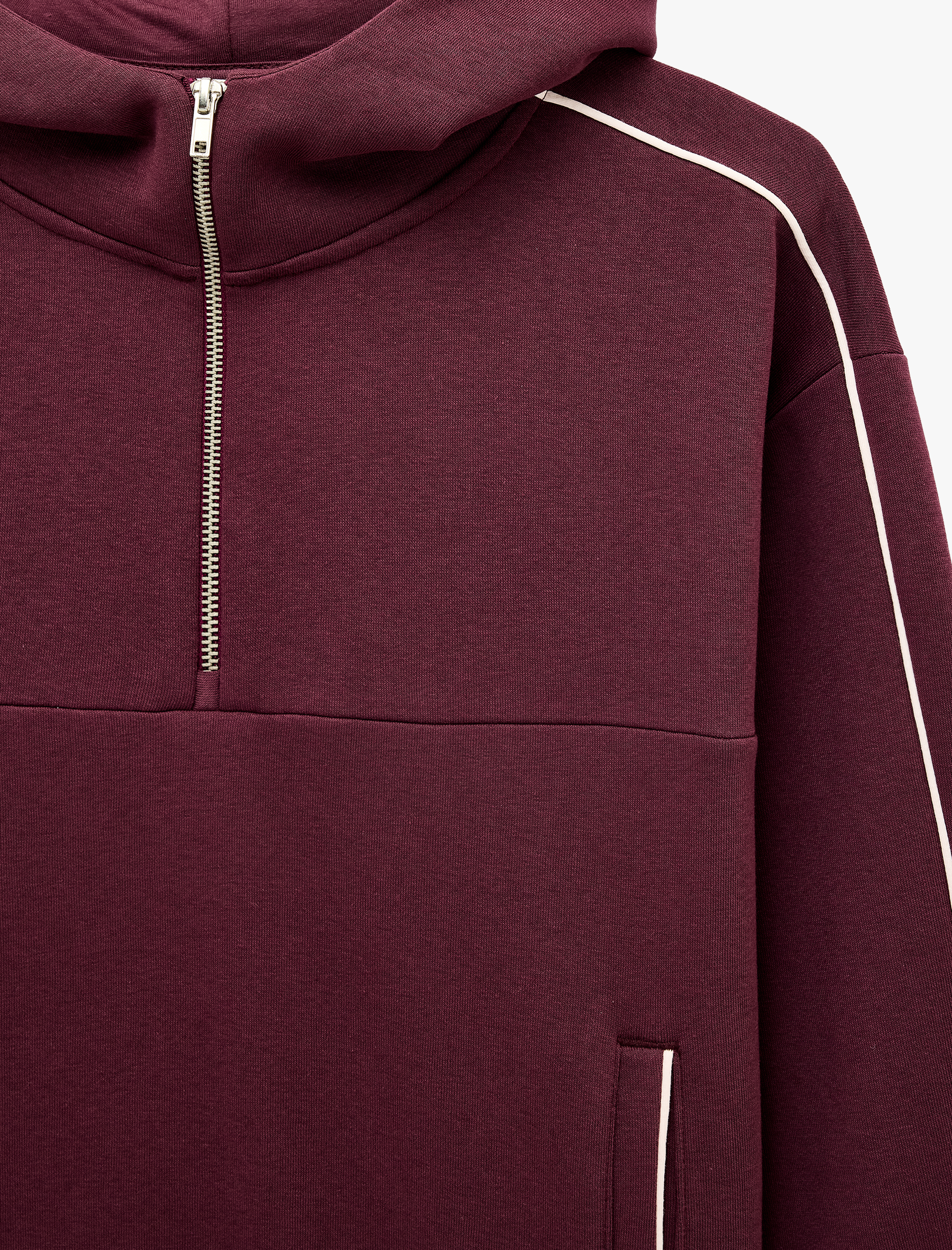   Üç İplik Şardonlu Rahat Kalıp Biyeli Cepli Kapüşonlu Yarım Fermuarlı Sweatshirt