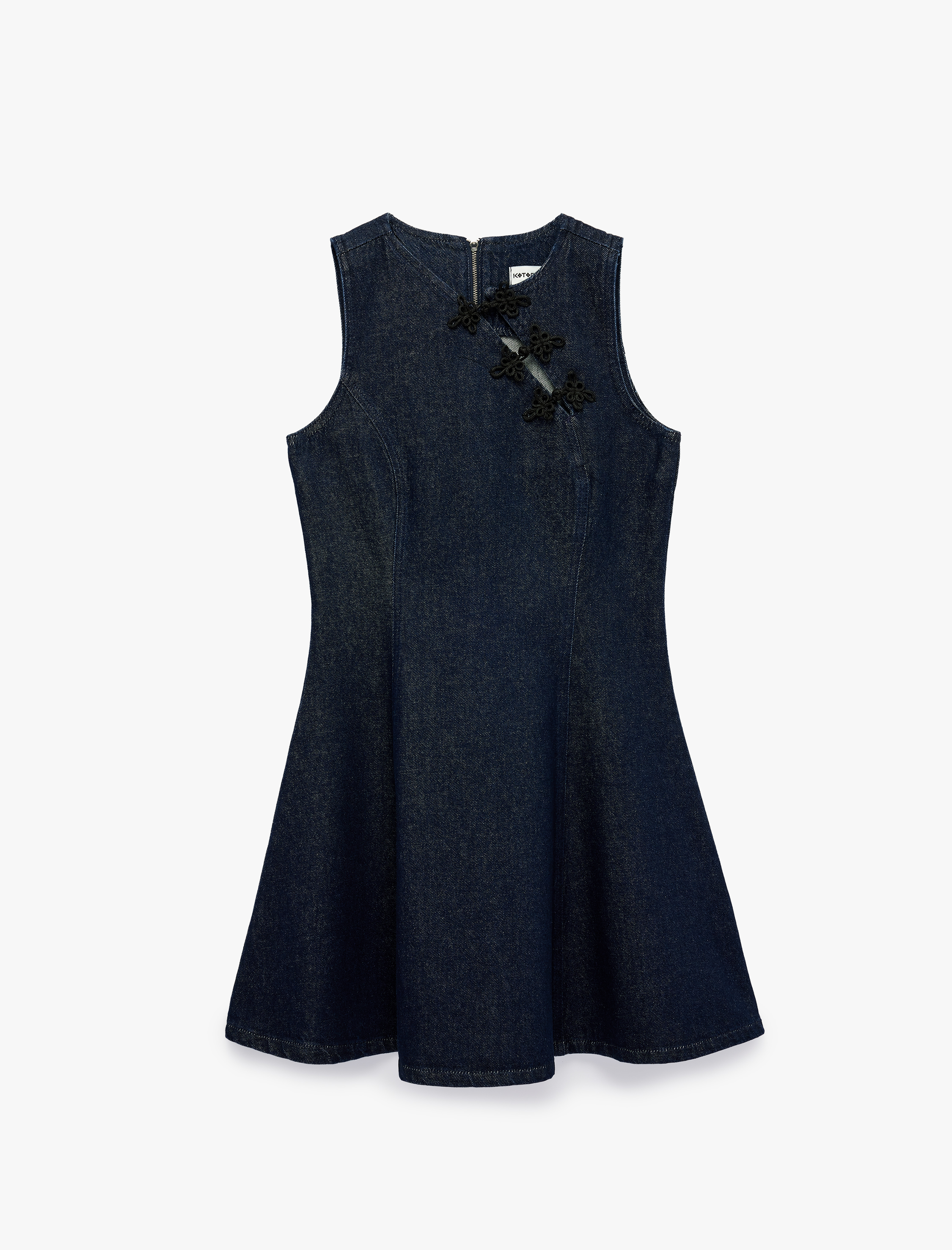   Pamuklu Süslü Kapamalı Mandarin Qipao Yaka Kolsuz Mini Denim Elbise