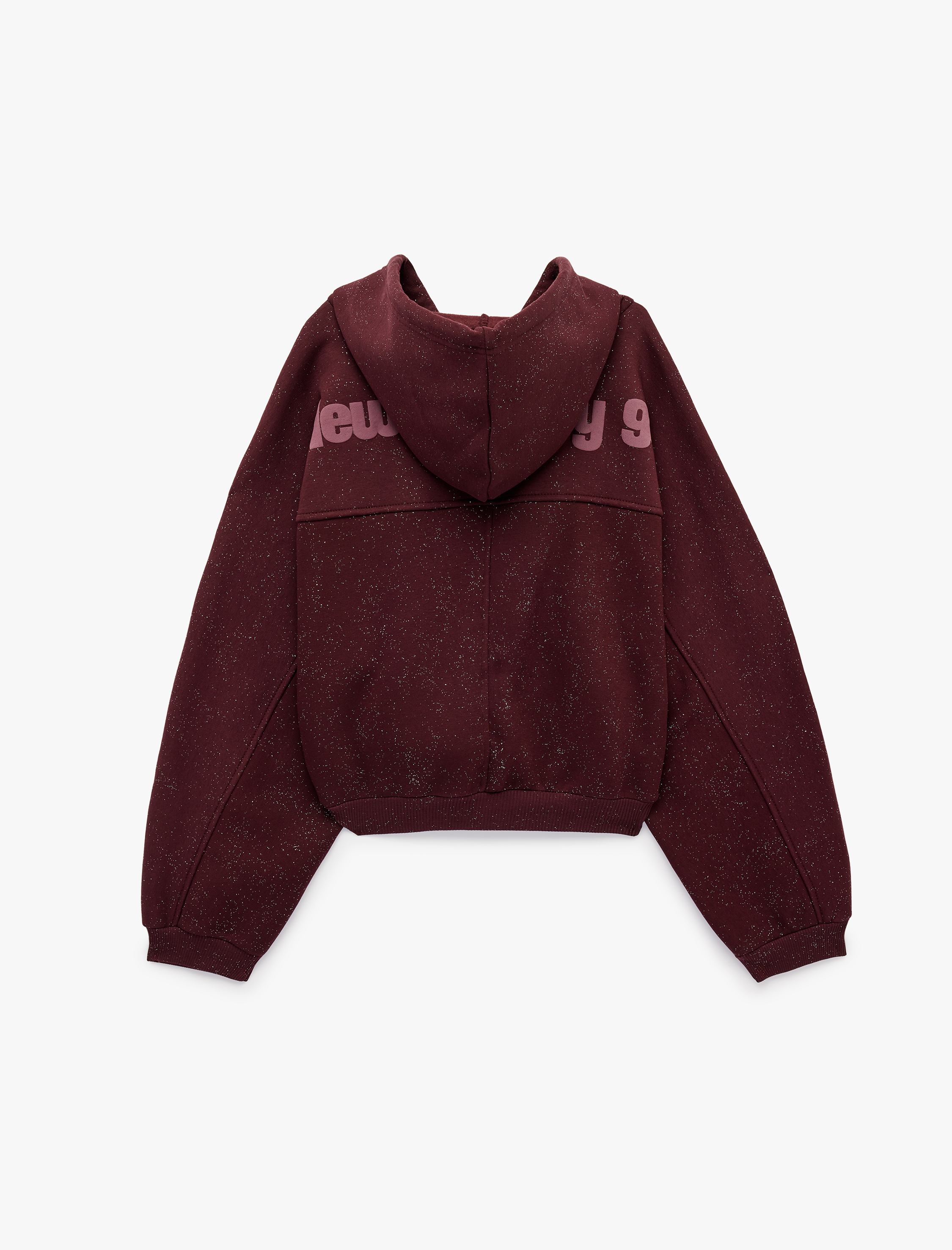   Simli Uzun Kollu Kapüşonlu Şardonlu Arkası Baskılı Crop Sweatshirt