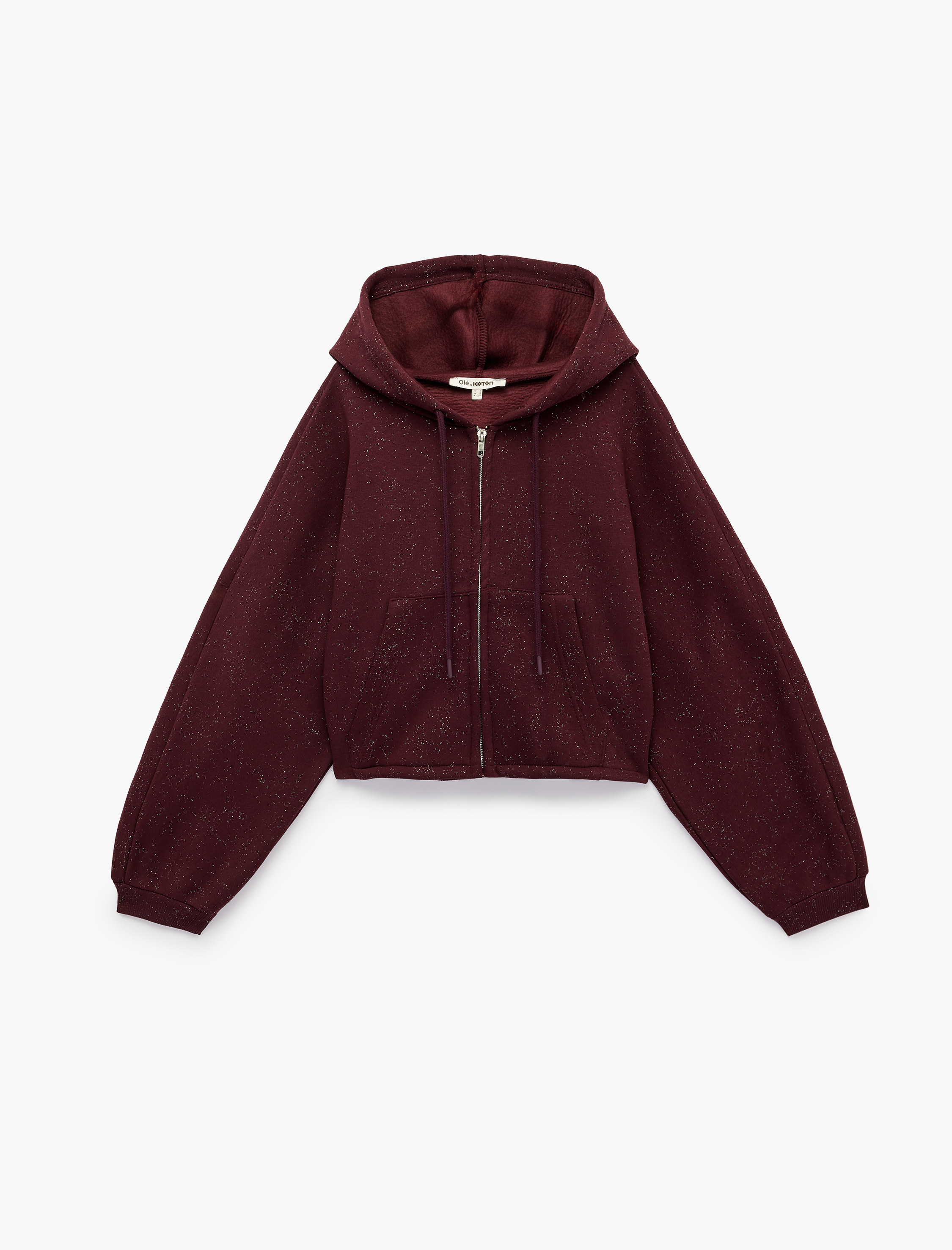   Simli Uzun Kollu Kapüşonlu Şardonlu Arkası Baskılı Crop Sweatshirt