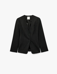 V Yaka Düğmeli Arkası Kuş Gözü Detaylı Bağlamalı Çizgili Blazer Ceket