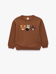 Nakışlı Şardonlu Bisiklet Yaka Uzun Kollu Oversize Sweatshirt
